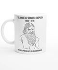 Vit mugg med linjeteckning av Grigorij Rasputin och text till hans minne