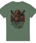 T-shirt med dödskalle i cowboyhatt, korsade gitarrer och eldmotiv, perfekt för rock och raggare