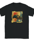 T-shirt med konstnärlig bild av hot rod i gulröd färgskala