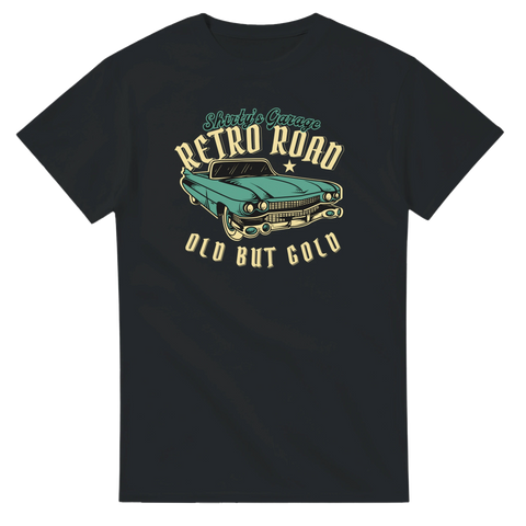 Raggartröja herr med retrobilmotiv, en stiliserad amerikansk veteranbil i gråtoner, redo för cruising och bilträffar. Kustom kultur t-shirt.
