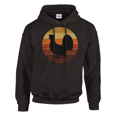 Mörkbrun hoodie med silhuett av tjäder framför solnedgång i retrocirkelformat

