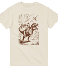 Ljus t-shirt med retroillustration av människa som rider på dinosaurie framför en vulkan