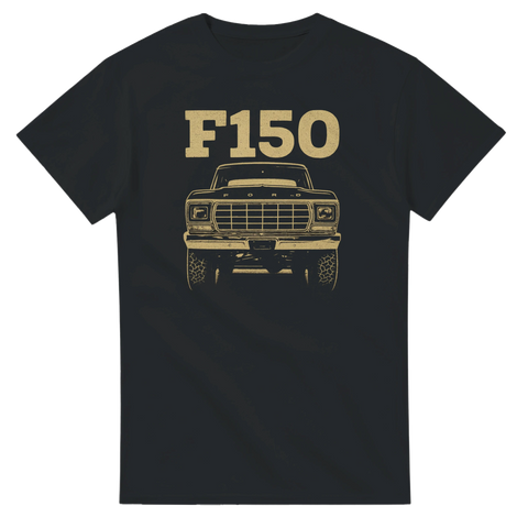 Svart t-shirt med vintageillustration av klassisk pickup truck och texten F150