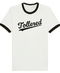 Vit retro ringer-t-shirt med svart texten Tollered – en hyllning till den lilla orten vid Sävelången