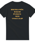 svart rolig t-shirt med gul text riktiga män rakar pungen med vinkelslip