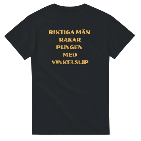 svart rolig t-shirt med gul text riktiga män rakar pungen med vinkelslip