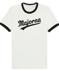 Vit retro ringer-t-shirt med svart texten "Majorna" – för dig som har hjärtat i Göteborgs kultigaste stadsdel