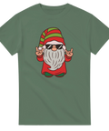 Grön t-shirt med julnisse i solglasögon som gör rock’n’roll-tecken