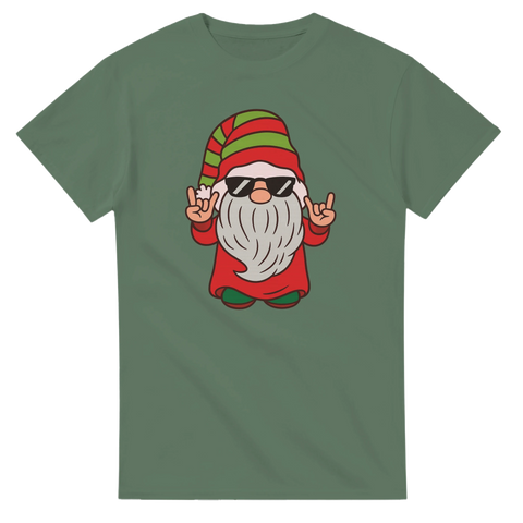 Grön t-shirt med julnisse i solglasögon som gör rock’n’roll-tecken