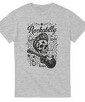 T-shirt med rockabilly-design, dödskalle med stjärna i pannan och elgitarr, retro och rock’n’roll-stil