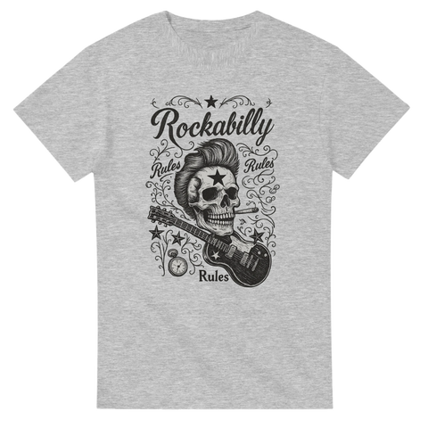 T-shirt med rockabilly-design, dödskalle med stjärna i pannan och elgitarr, retro och rock’n’roll-stil