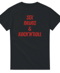 T-shirt med röd vintage-text ”Sex Drugs & Rock’n’Roll” – perfekt för rockfans och festivaler.