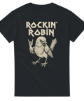 Svart t-shirt med en tecknad rödhake som gör rocktecknet "devil horns" med vingen, tillsammans med texten "Rockin' Robin". Perfekt för fågel- och hårdrocksfans.