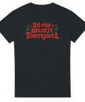 Svart t-shirt med röd text “Dö för helvete tomtejäv el” och små julgranar