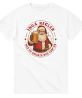 Rolig t-shirt med tecknad tomte som håller öl och texten “Inga regler när du dricker med tomten” i röd cirkel