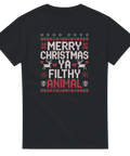 Julig t-shirt med texten “Merry Christmas Ya Filthy Animal” i jultröje-stil