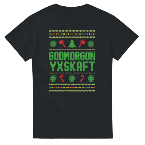 Rolig T-shirt med julmotiv och texten ”Godmorgon Yxskaft”.