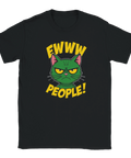 Svart t-shirt med grön katt och texten “Ewww People!” i gul retrostil