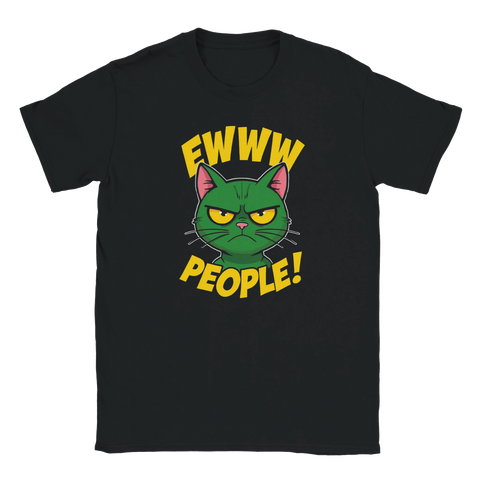 Svart t-shirt med grön katt och texten “Ewww People!” i gul retrostil