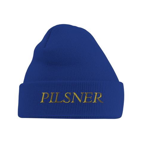 Blå mössa med mudd och broderad text Pilsner