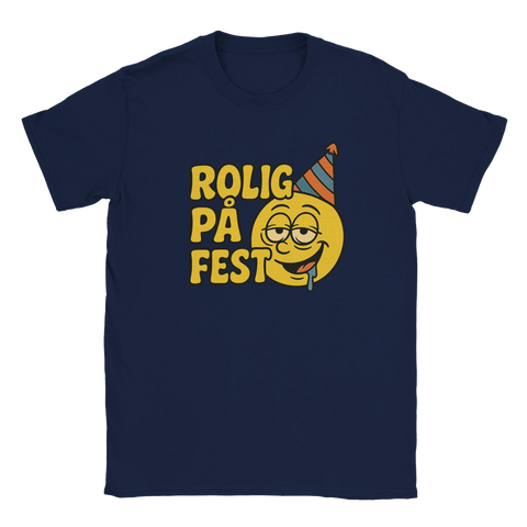 Rolig t-shirt med texten "Rolig på fest" och en leende emoji med partyhatt
