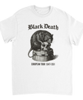 Cool t-shirt med tecknad råtta på dödskalle och texten Black Death European Tour 1347–1351