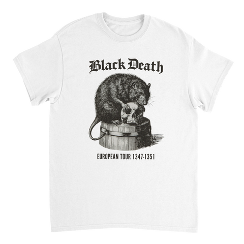 Cool t-shirt med tecknad råtta på dödskalle och texten Black Death European Tour 1347–1351