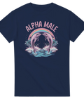 Marinblå t-shirt med två tecknade delfiner under regnbåge och texten Alpha Male