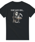 Svart t-shirt med tecknad döden som dricker kaffe och texten Svart kaffe idag