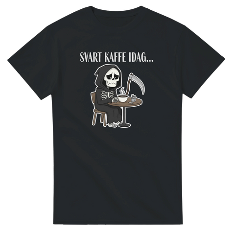 Svart t-shirt med tecknad döden som dricker kaffe och texten Svart kaffe idag