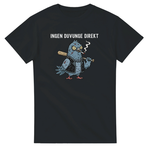 Svart t-shirt med tecknad tuff duva i skinnväst och texten Ingen duvunge direkt