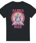 Ironisk t-shirt med tre tecknade enhörningar och texten Alpha Male i rosa retrostil