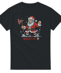 Svart t-shirt med tecknad mörk jultomte med yxa och texten Naughty List