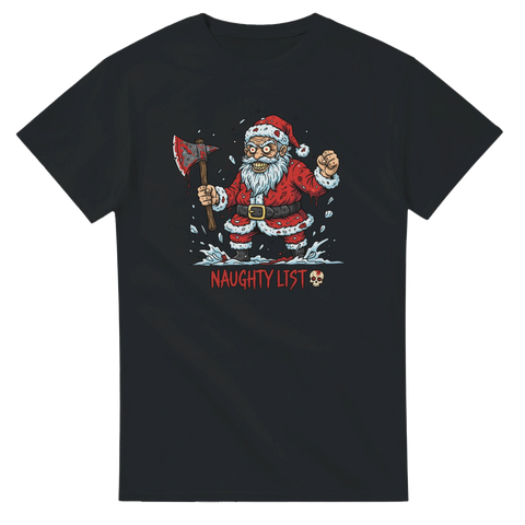 Svart t-shirt med tecknad mörk jultomte med yxa och texten Naughty List