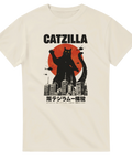 Japansk t-shirt med tecknad gigantisk svart katt över stad och texten Catzilla