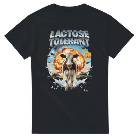 Svart t-shirt med tecknad ko, ost och explosion samt texten Lactose Tolerant