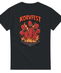Humor t-shirt med tecknade ilskna korvar på grill och texten Korvfest