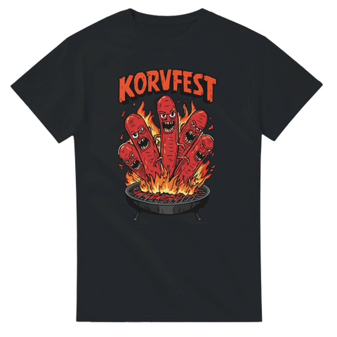Humor t-shirt med tecknade ilskna korvar på grill och texten Korvfest