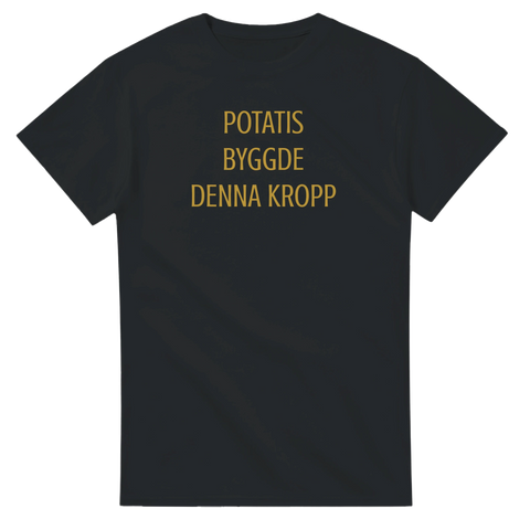 svart t-shirt med gul text potatis byggde denna kropp