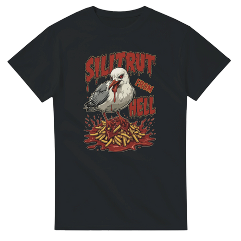 Svart t-shirt med blodig tecknad trut som äter pommes och texten Silltrut from Hell