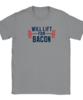 grå t-shirt med texten will lift for bacon och hantelmotiv