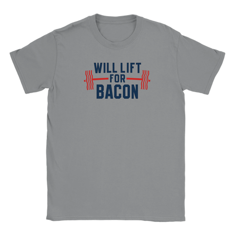 grå t-shirt med texten will lift for bacon och hantelmotiv