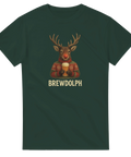 Rolig t-shirt med renen Rudolf som håller en öl och texten Brewdolph