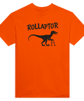 Orange t-shirt med absurd dinosaurie-design och texten Rollaptor
