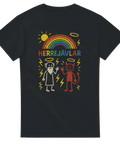 Svart t-shirt med tecknad Gud och Djävulen under en färgglad regnbåge och texten “Herrejävlar”