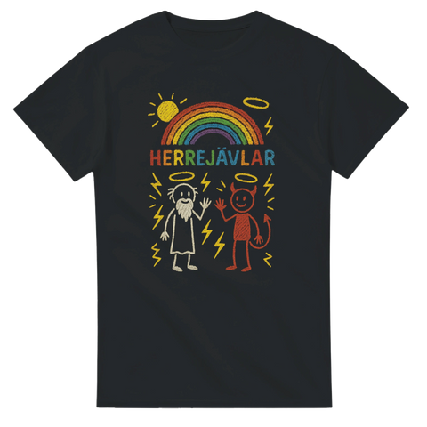 Svart t-shirt med tecknad Gud och Djävulen under en färgglad regnbåge och texten “Herrejävlar”