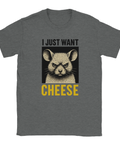 Mörkgrå t-shirt med tecknad arg mus och texten "I Just Want Cheese" i svart och gult.