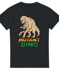 Svart t-shirt med humoristiskt dinosauriemotiv: en tecknad mutant-dino med galet utseende och texten "Mutant Dino", perfekt för retroälskare och nördhumor