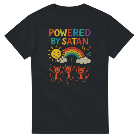 Svart t-shirt med färgglad text “Powered by Satan”, sol, regnbåge och tre dansande djävlar