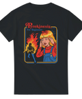 Svart t-shirt med humoristiskt retro-motiv: en tecknad flicka som genom pyrokinesi sätter eld på en person i bakgrunden, med texten "Pyrokinesis for Beginners"
